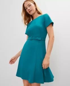 Aegean Teal Petite Belted Flare Dress - Versatile Crew Neck Style -Ann Taylor Store 853114 9829 ALT2