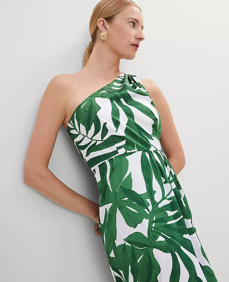 Petite One Shoulder Satin Midi Dress in Leafy Green Floral 1 Petite One Shoulder Satin Midi Dress in Leafy Green Floral