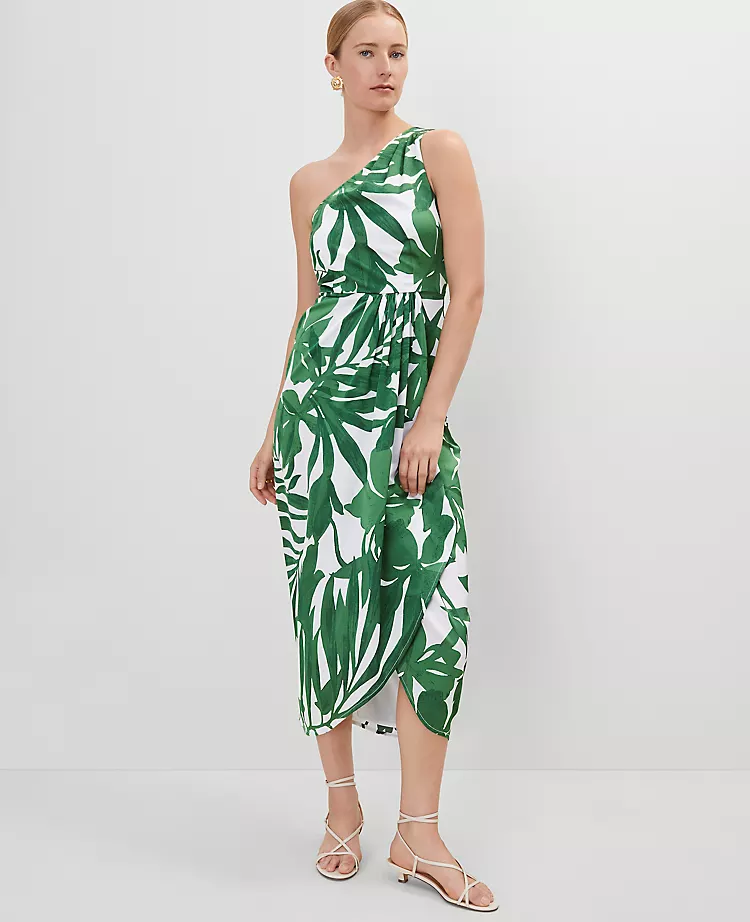 Petite One Shoulder Satin Midi Dress in Leafy Green Floral 3 Petite One Shoulder Satin Midi Dress in Leafy Green Floral - Image 3