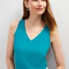 Petite V-Neck Shell Top in Aegean Teal - Sleeveless Layering Blouse
