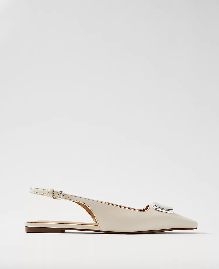 Ann Taylor Weekend Hardware Embellished Leather Slingback Flats - Cream Beige 1 Ann Taylor Weekend Hardware Embellished Leather Slingback Flats - Cream Beige
