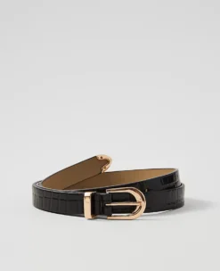 Black Skinny Croco Patent Leather Belt with Gold Buckle