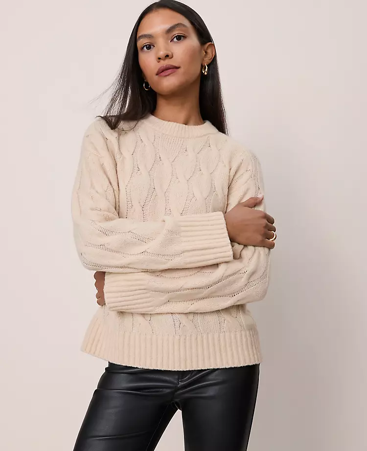 Soft Cable Knit Crew Neck Sweater in Pale Sandalwood 2 Soft Cable Knit Crew Neck Sweater in Pale Sandalwood - Image 2