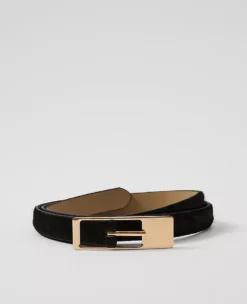 Premium Black Calf Hair Skinny Belt with Rectangle Buckle