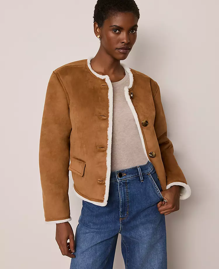 Tan Faux Suede Crew Neck Jacket with White Faux Fur Lining 1 Tan Faux Suede Crew Neck Jacket with White Faux Fur Lining