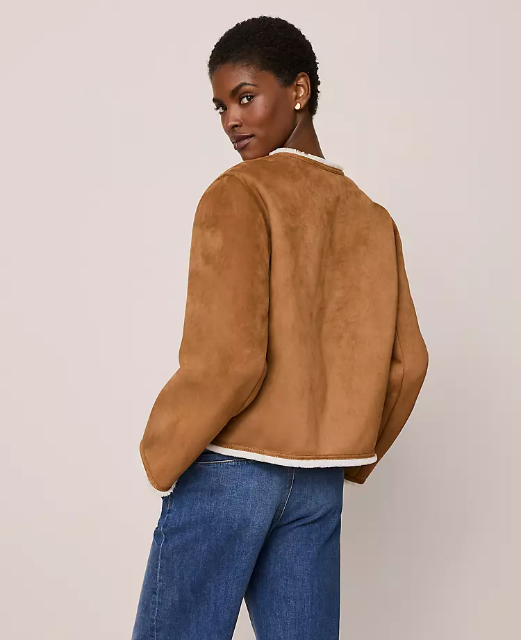 Tan Faux Suede Crew Neck Jacket with White Faux Fur Lining 2 Tan Faux Suede Crew Neck Jacket with White Faux Fur Lining - Image 2