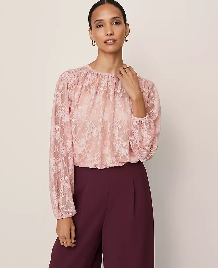 Petite Crew Neck Shirred Blouse in Pale Mauve - Elegant Blouson Sleeve Top 2 Petite Crew Neck Shirred Blouse in Pale Mauve - Elegant Blouson Sleeve Top - Image 2