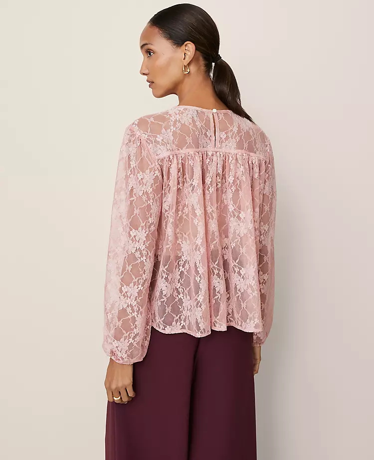 Petite Crew Neck Shirred Blouse in Pale Mauve - Elegant Blouson Sleeve Top 3 Petite Crew Neck Shirred Blouse in Pale Mauve - Elegant Blouson Sleeve Top - Image 3