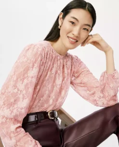 Petite Crew Neck Shirred Blouse in Pale Mauve - Elegant Blouson Sleeve Top