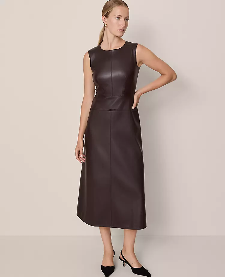 Faux Leather Flare Midi Dress Pure Chocolate 2 Faux Leather Flare Midi Dress Pure Chocolate - Image 2
