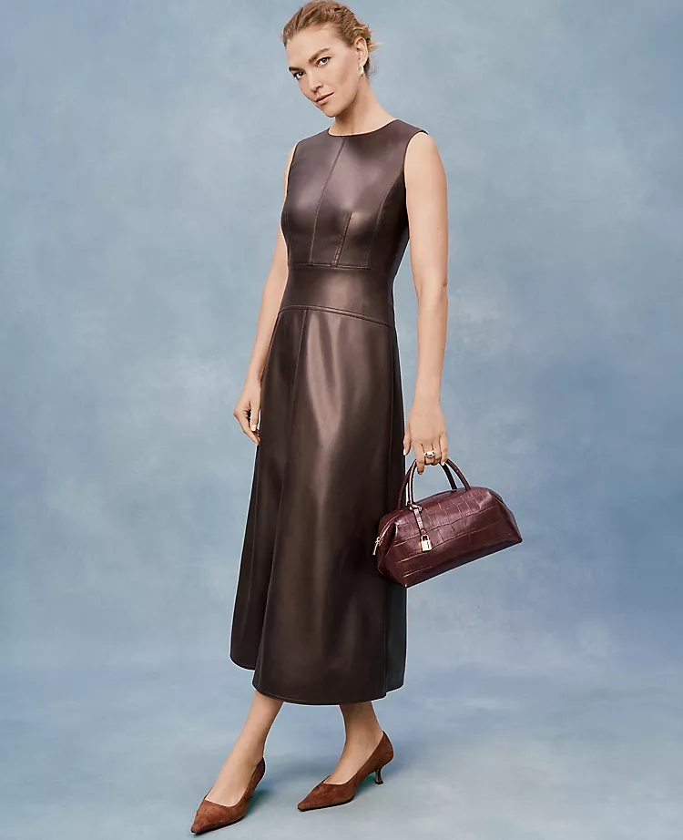 Faux Leather Flare Midi Dress Pure Chocolate 1 Faux Leather Flare Midi Dress Pure Chocolate