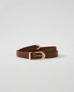 Slim Cognac Leather Belt with Polished Gold Buckle