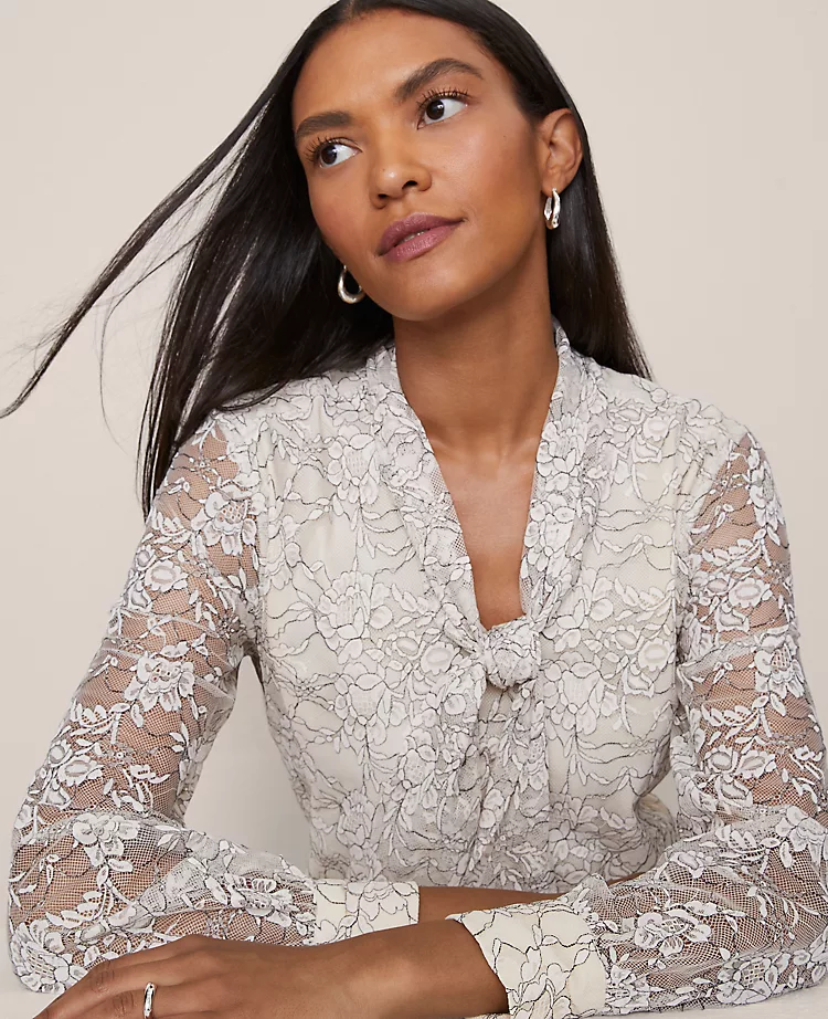 Petite Lace Tie V-Neck Popover Blouse in Black and Ivory 1 Petite Lace Tie V-Neck Popover Blouse in Black and Ivory