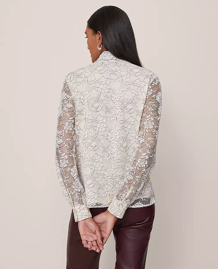 Petite Lace Tie V-Neck Popover Blouse in Black and Ivory 2 Petite Lace Tie V-Neck Popover Blouse in Black and Ivory - Image 2