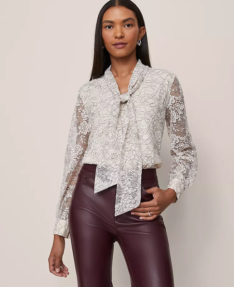 Petite Lace Tie V-Neck Popover Blouse in Black and Ivory 3 Petite Lace Tie V-Neck Popover Blouse in Black and Ivory - Image 3