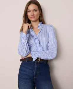 Petite Striped Ruffle Collar Blouse - Light Blue and White