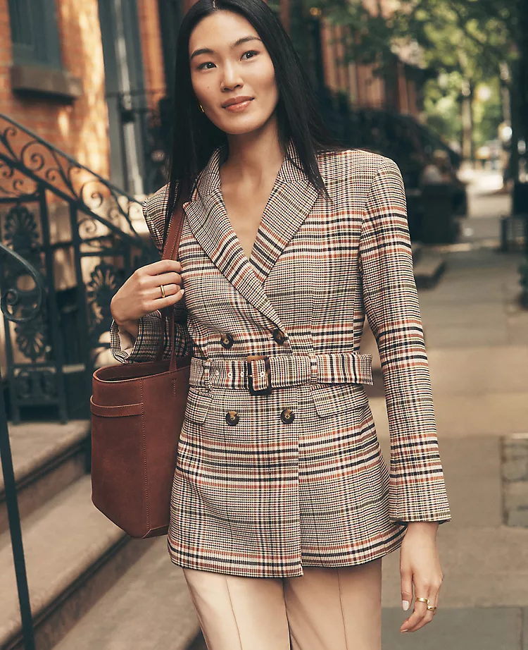 Women's Plaid Belted Blazer - Tailored Structured Fit in Pure Chocolate 1 Women's Plaid Belted Blazer - Tailored Structured Fit in Pure Chocolate