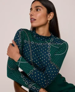 Petite Mock Neck Top - Chain Link Night Garden Long Sleeve Knit