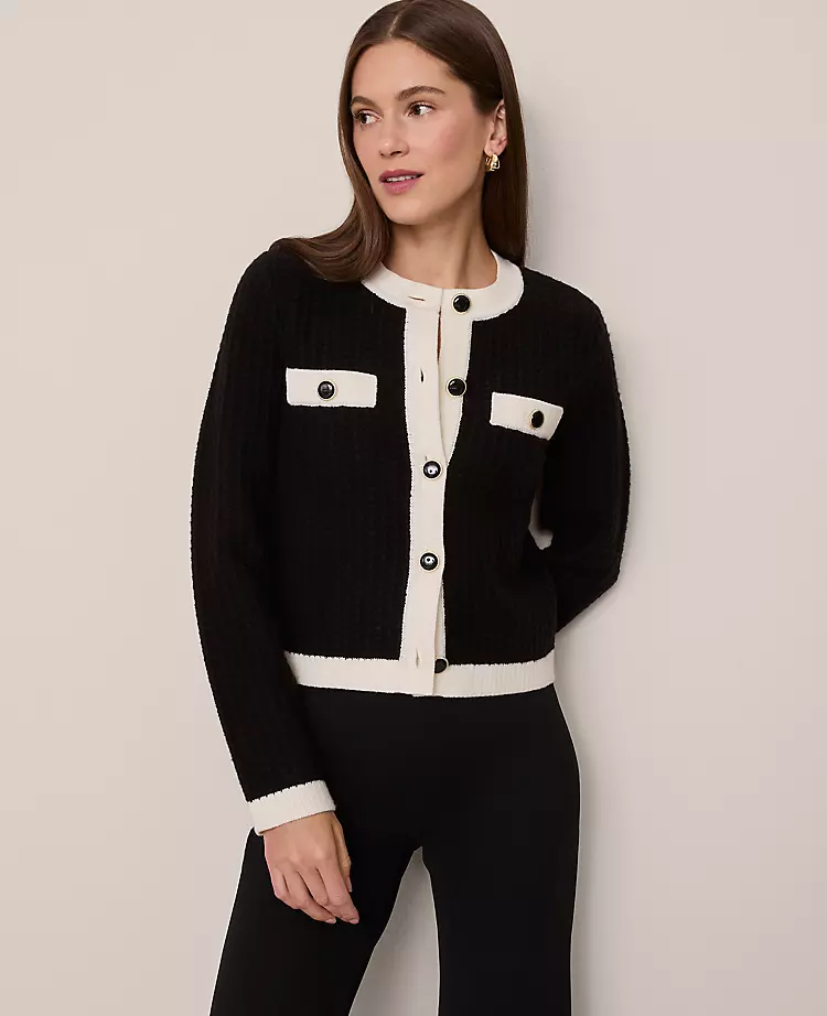 Petite Textured Sweater Jacket - Elegant Black & White Knit 1 Petite Textured Sweater Jacket - Elegant Black & White Knit