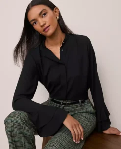 Petite Black Bell Sleeve Blouse - Elegant Long Sleeve Relaxed Fit Top