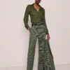 Petite Houndstooth Flared Trousers in Muted Moss - The Jayne Pant