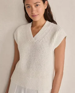 Haven Well Within Organic Cotton Linen V-Neck Shaker Stitch Sweater - Ivory