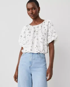 Petite Floral Bubble Hem Top with Puff Sleeves - Winter White