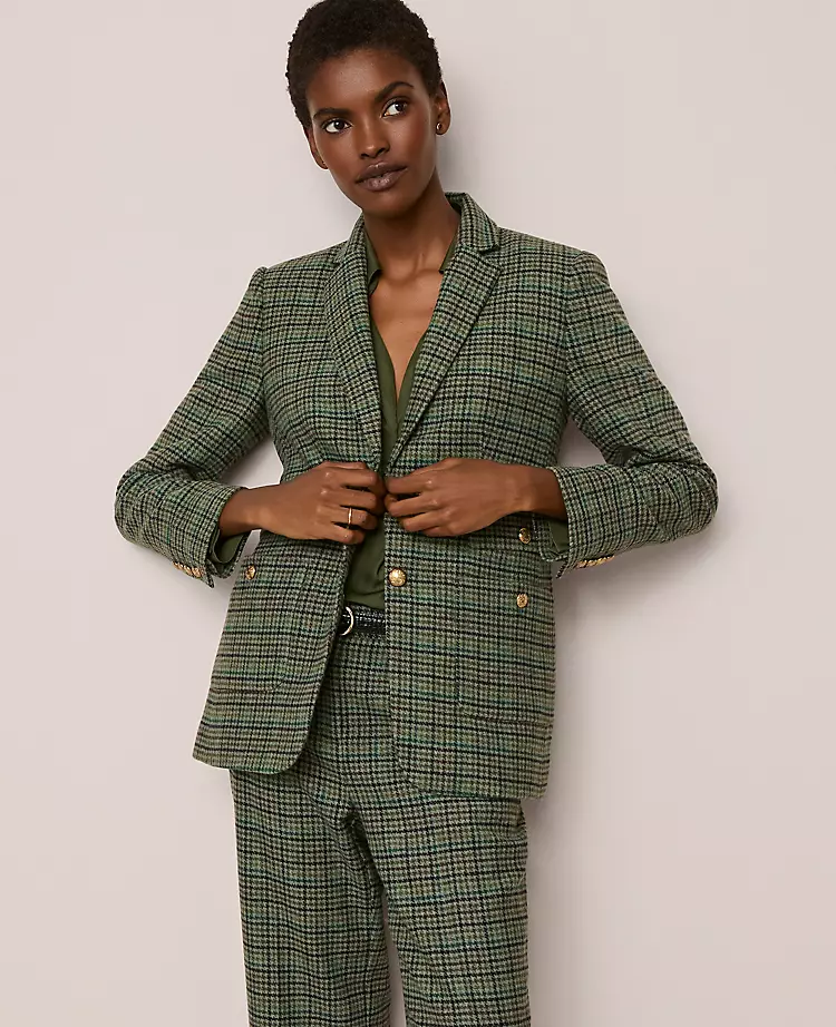 Houndstooth Wool Blend Blazer - Muted Moss Green Tailored Jacket 2 Houndstooth Wool Blend Blazer - Muted Moss Green Tailored Jacket - Image 2
