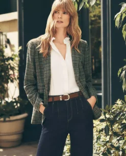 Houndstooth Wool Blend Blazer - Muted Moss Green Tailored Jacket