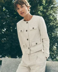 Petite Pinstripe Crew Neck Jacket - Professional Cropped Outerwear