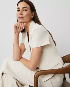 Ivory Short Sleeve Crepe Blazer - Tailored Professional Waist-Length Jacket -Ann Taylor Store 856989 9007 ALT2