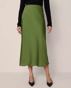 Petite Satin Bias Midi Slip Skirt in Bonsai Tree Green -Ann Taylor Store 856990 019804 ALT1