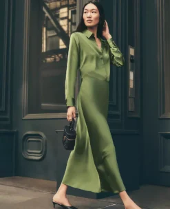 Petite Satin Bias Midi Slip Skirt in Bonsai Tree Green