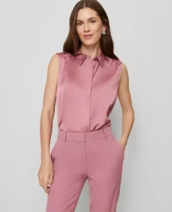 Petite Shirred Sleeveless Shirt in Smokey Rose