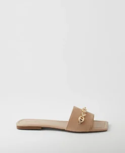 Suede Chain-Embellished Slide Sandals - Luxury Padded Leather Footwear in Light Sand
