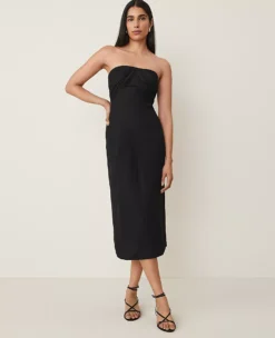 Petite Strapless Linen Blend Midi Dress - Elegant Black Column Silhouette