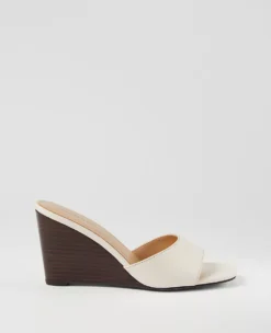 Genuine Leather Skinny Strap Wedge Mules in Light Sand
