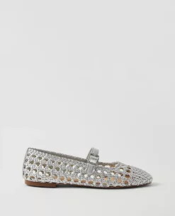 Silver Metallic Woven Mary Jane Ballet Flats - Comfortable Padded Footbed