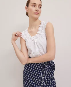 Ann Taylor Petite Weekend Collection Eyelet Tie Neck Top - White
