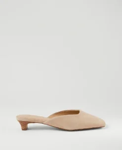 Elegant Light Sand Suede Kitten Heel Mule Pumps