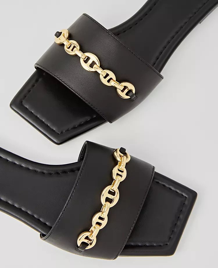 Black Leather Chain Slide Sandals with Padded Footbed 2 Black Leather Chain Slide Sandals with Padded Footbed - Image 2
