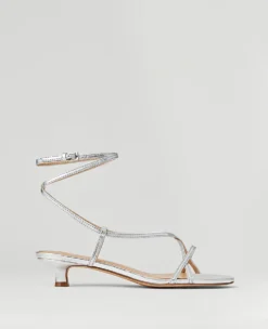Silver Metallic Strappy Ankle Wrap Kitten Heel Sandals
