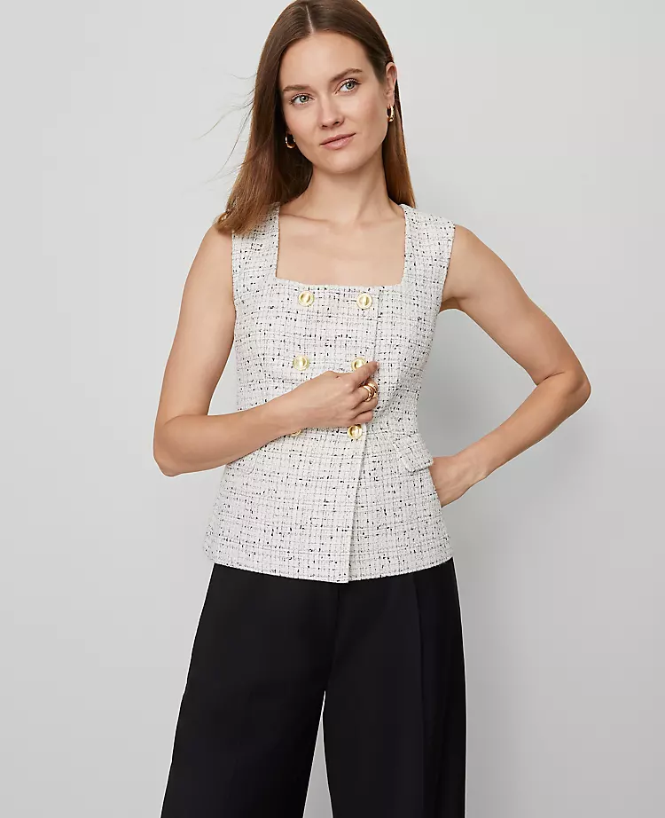 Women's Tweed Square Neck Vest - Tailored Charcoal & White Layering Piece 1 Women's Tweed Square Neck Vest - Tailored Charcoal & White Layering Piece