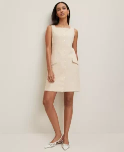 Petite Square Neck Sleeveless Button-Down Dress in Sand Shell