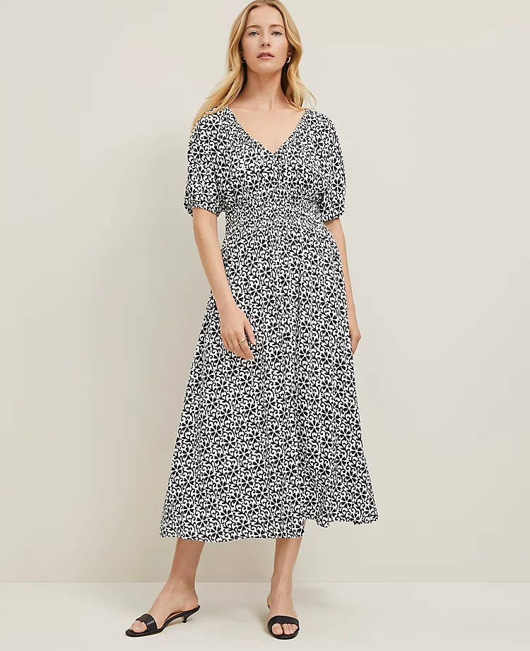 Floral Smocked Puff Sleeve Petite Midi Dress in Black 1 Floral Smocked Puff Sleeve Petite Midi Dress in Black