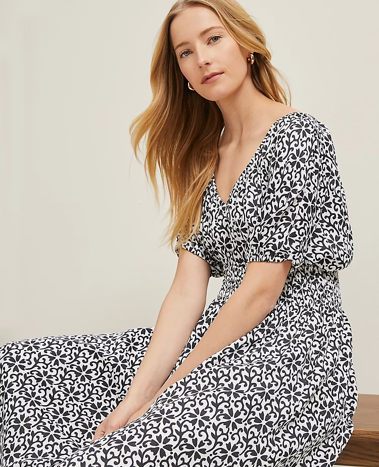 Floral Smocked Puff Sleeve Petite Midi Dress in Black 3 Floral Smocked Puff Sleeve Petite Midi Dress in Black - Image 3