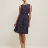 Petite Dotted Belted Flare Dress in Night Sky and White