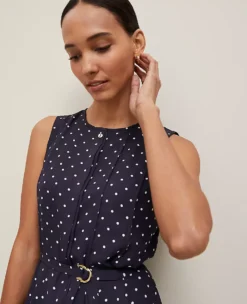 Petite Dotted Belted Flare Dress in Night Sky and White 5 Petite Dotted Belted Flare Dress in Night Sky and White -Ann Taylor Store 857351 522439 ALT2