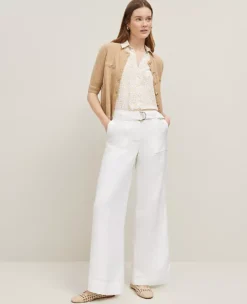 Petite White Belted Wide-Leg Linen Blend Pants
