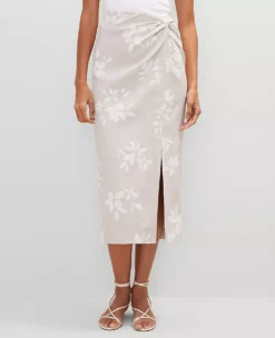 Petite Knotted Linen Blend Wrap Pencil Skirt in White -Ann Taylor Store 857396 519942 ALT1